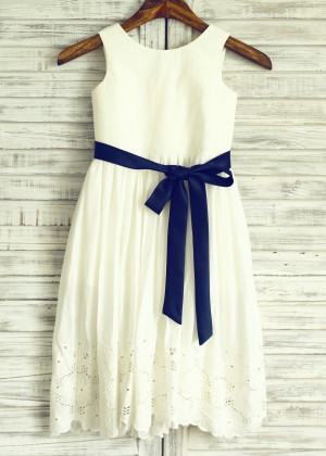 Ivory Cotton Eyelet Lace Flower Girl Dress With Navy Blue Sash